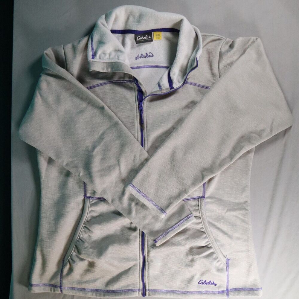 Cabela's Zip Up Light Jacket Gray w/ Purple Stitching Long Sleeve Men's Size XL